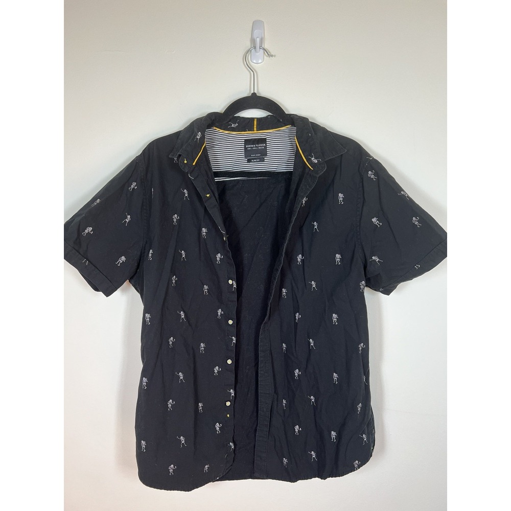 Denim & Flower Mens L Black Dancing Skeleton Halloween Button Up Shirt Slim Fit